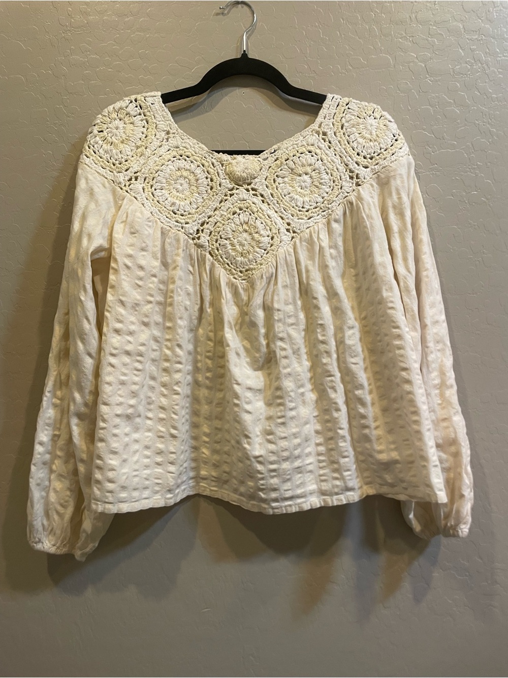 Cream Crochet Yoke Long-Sleeve Blouse